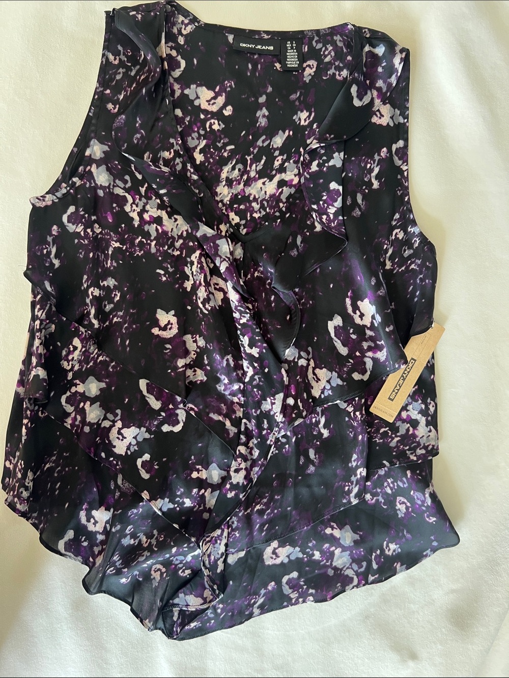 Dkny Black and Purple Floral Ruffle top small shirt nwt new